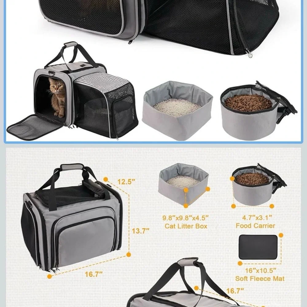 Gray Cat Carrier Travel Set, Used Once.